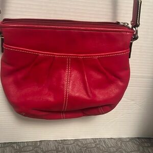 Red genuine leather purse grey lining heavy wide band crossbody strap